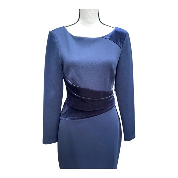 Vince Camuto Sheath Dress Women's Size 10 Navy Blue Velvet Trim Long Sleeves NWT - Picture 2 of 5